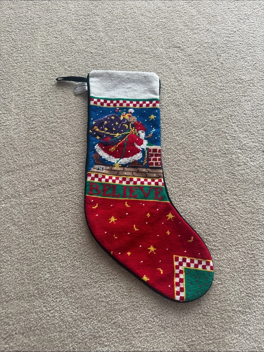 Mary Engelbreit Holiday 'Believe' Christmas Stocking - Red & Green Santa - Picture 1 of 5